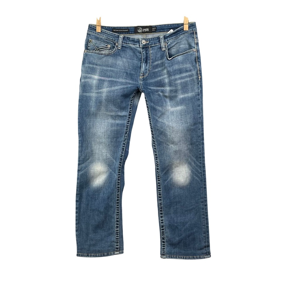 Seeded & Sewn Nathan Slim Straight Jeans Mens 36x28* Blue Denim Whisker Grunge
